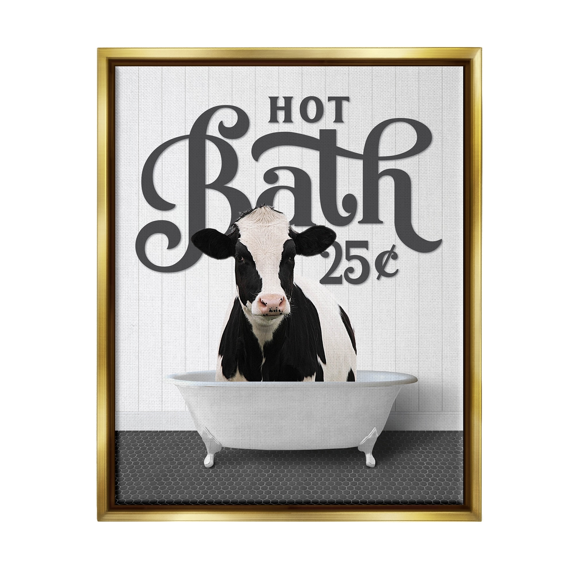 Stupell Vintage Hot Bath Cow Framed Floater Canvas Wall Art Design by Lettered and Lined
