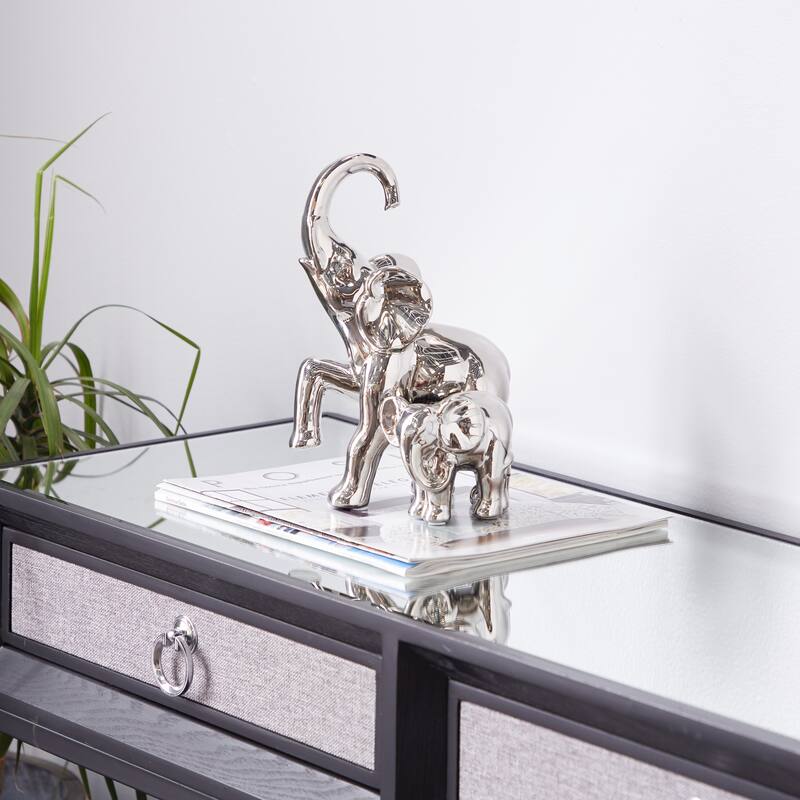 Silver Ceramic Elephant Decorative Sculpture - 7 x 6 x 11