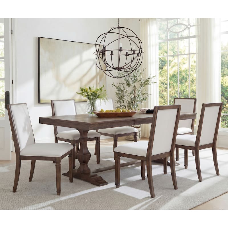 7-pieces Farmhouse Dining Table Set for 6, 74.8" Kitchen Table with Chairs, Solid Wood Legs and Upholstered Back - Rustic Brown