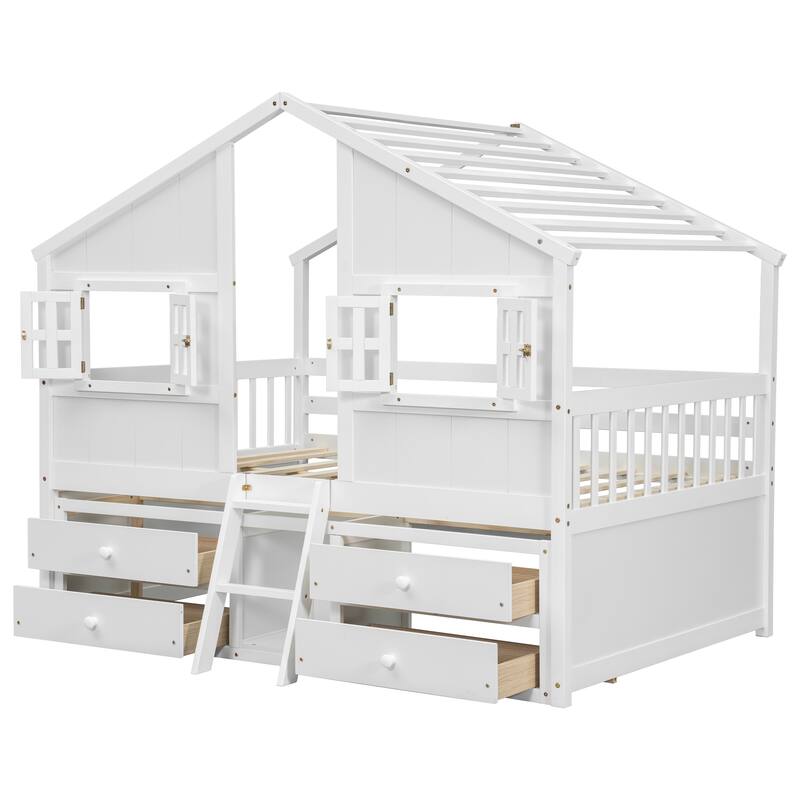 Full Size House Loft Bed with Roof, Windows, 4 Drawers, Ladder, White Pine Wooden Bed