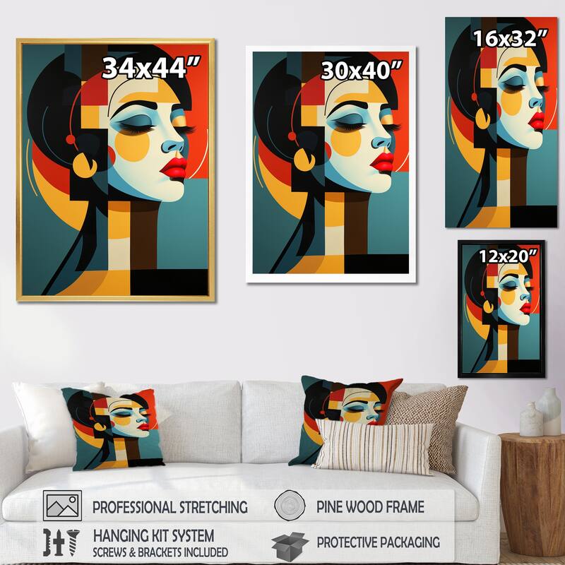 Designart "Geometric Art Deco Portrait Of Gracious Woman" Fashion Woman Framed Wall Art Prints