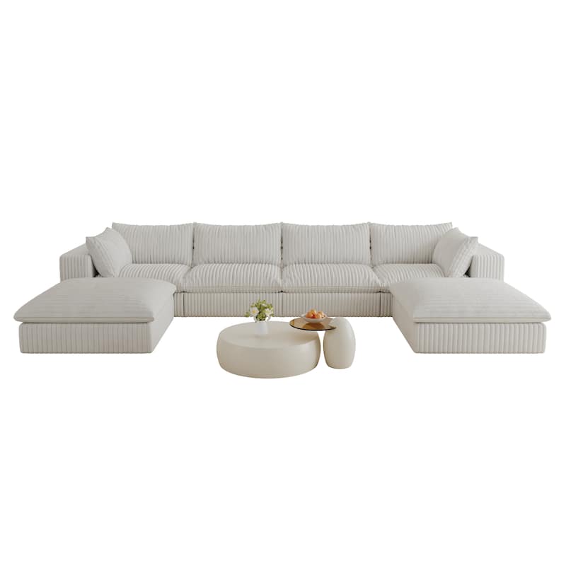 Corduroy Upholstered Deep Seat U-shaped Sectional Sofa with Ottomans and Double-layer Seat Cushions, Large Chaise Lounger Couch