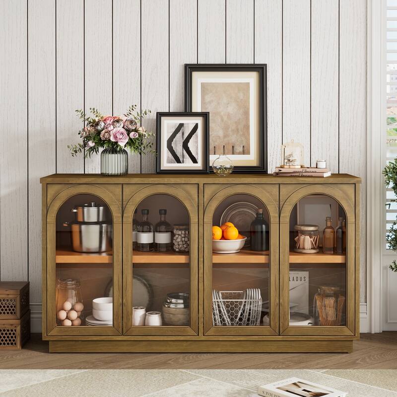 4-Door Large Storage Buffet Cabinet with Glass Doors, Arched Cabinet with Adjustable Shelves for Kitchen, Dining Room - Natural