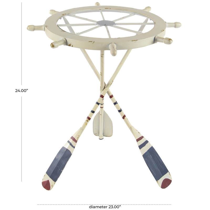 White Metal Ship Wheel Top Accent Table with Oar Shaped Legs