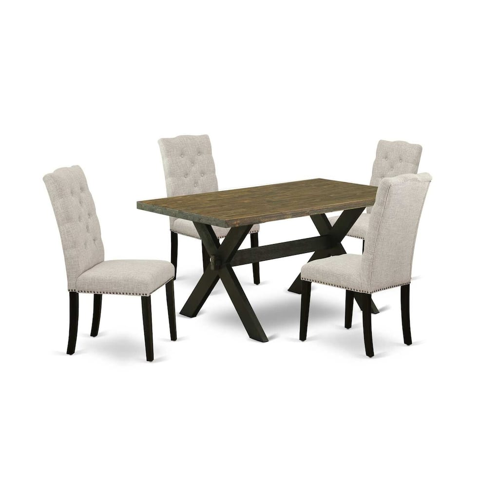 HomeStock 5-Piece Rectangle Distressed Jacobean Finish Solid Wood Top Dining Table with 4 Upholstered Chairs with Lattice Back