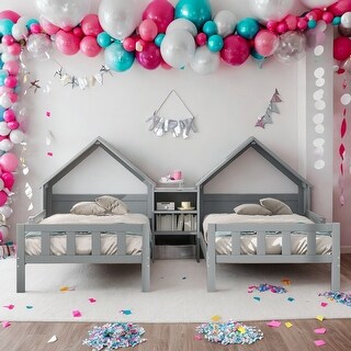 Double Twin Size Platform Bed With A Built-in Nightstand