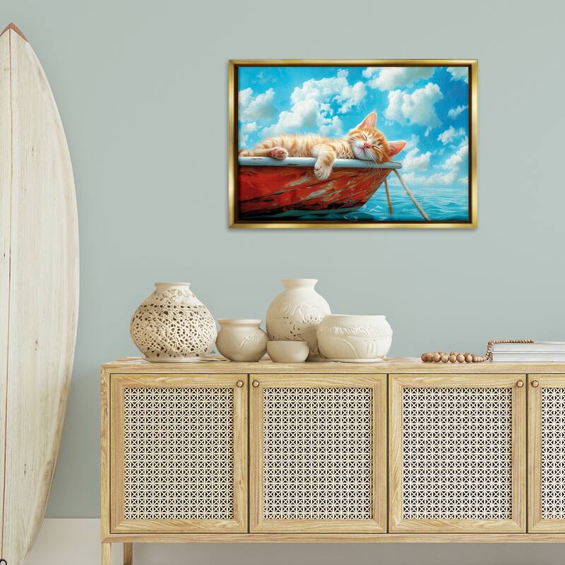 Stupell Sleeping Cat on Boat Framed Floater Canvas Wall Art Design By Parable Visions