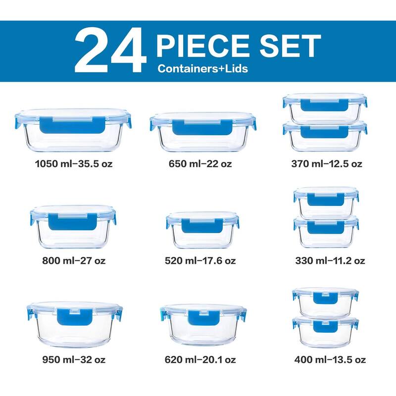 24-Piece Glass Food Storage Containers with Upgraded Snap Locking Lids,Glass Meal Prep Containers Set