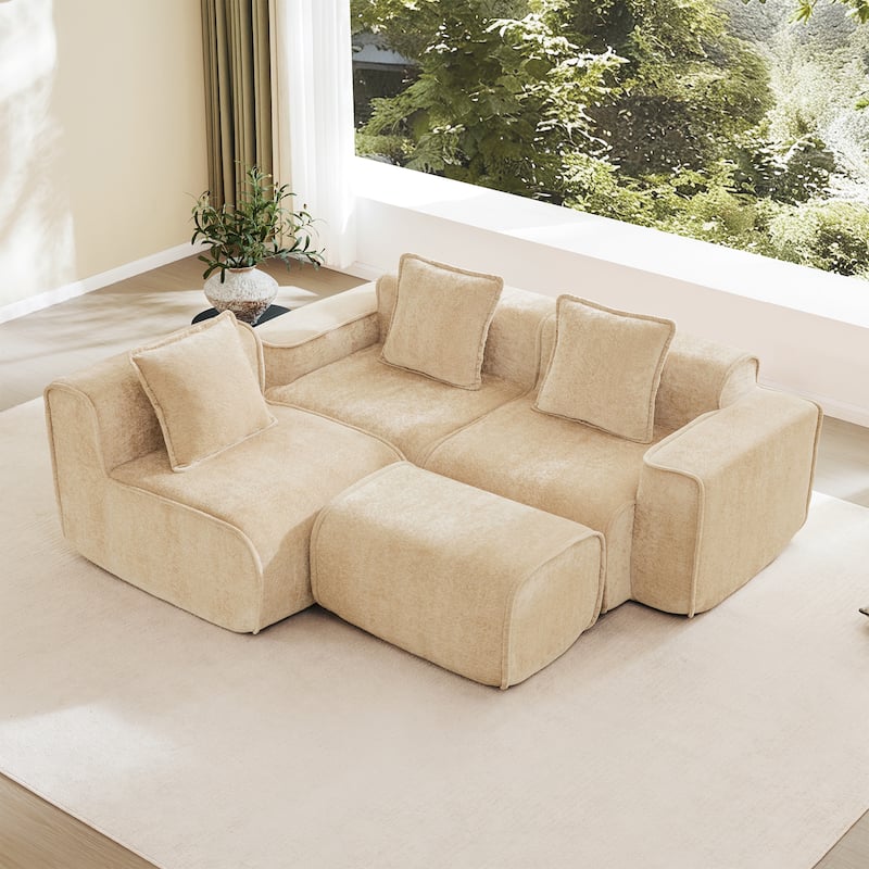 GDFStudio - Streamlined Velvet 3-Seater 108.66" L-Shaped Modular Boneless Sofa with Ottoman