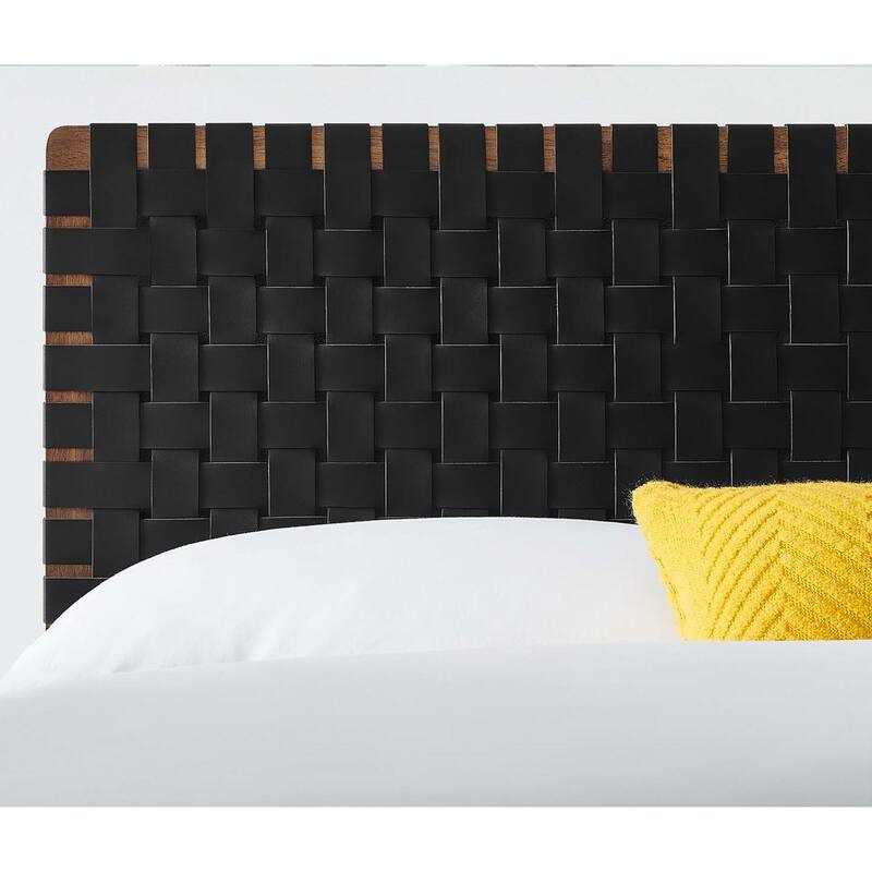 Ditmas Solid Wooden Black Leather Basket Weaved Full Size Headboard