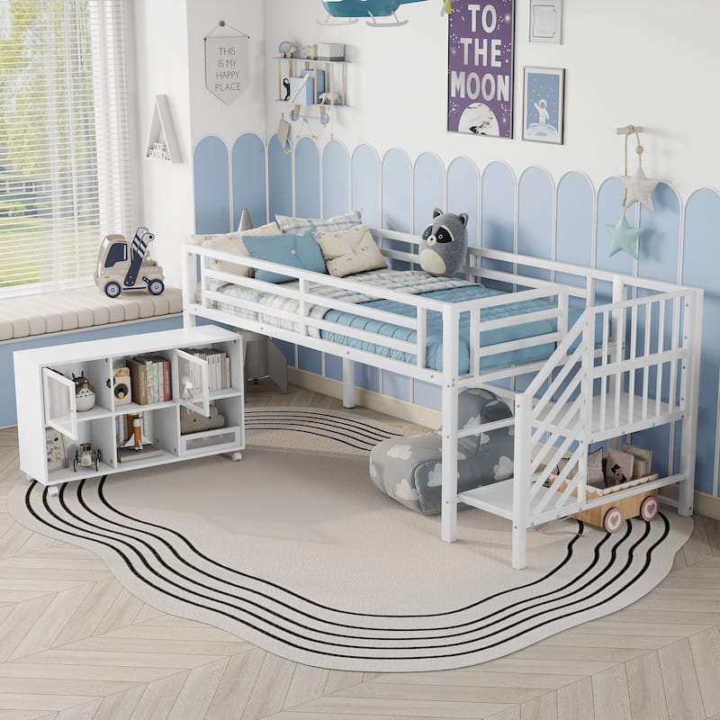 Twin Size Metal Loft Bed with Movable Storage Cabinets, Low Loft Bed Metal Frame Bed with Stairs for Kids