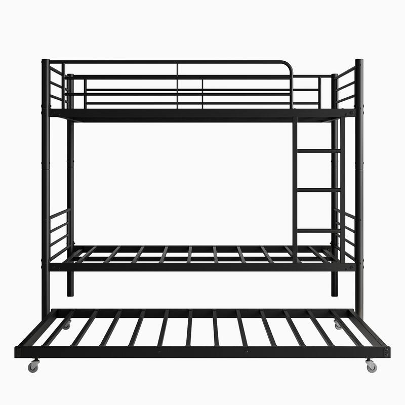 Twin Over Twin Metal Bunk Bed with Trundle and Guardrails, Space-Saving Frame