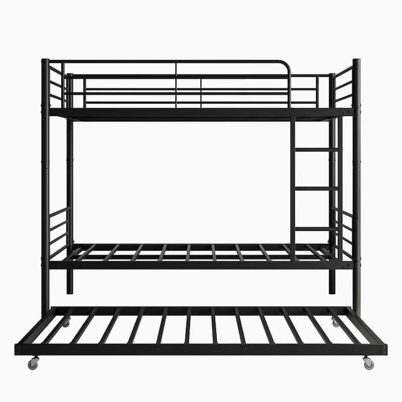 Twin Size Metal Bunk Bed with Trundle, Ladder and Full-Length Guardrail, Noise Free