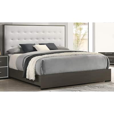 1pc Contemporary Upholstered Queen Size Panel Bed Button Tufted Headboard Wooden Bedroom Furniture White Cream Gray