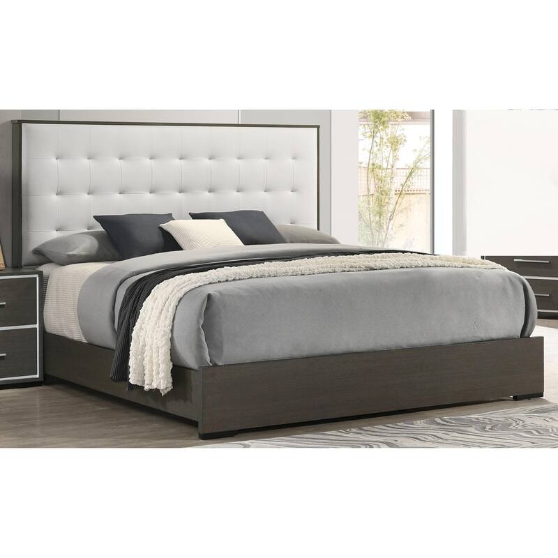 Queen Size Panel Bed with Button Tufted Headboard in Beige Upholstery - Gray+Beige