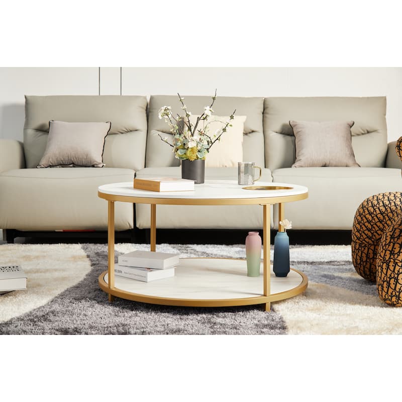 Round 2-Tier Coffee Table with Featuring Built-In Storage Slots and Shelf