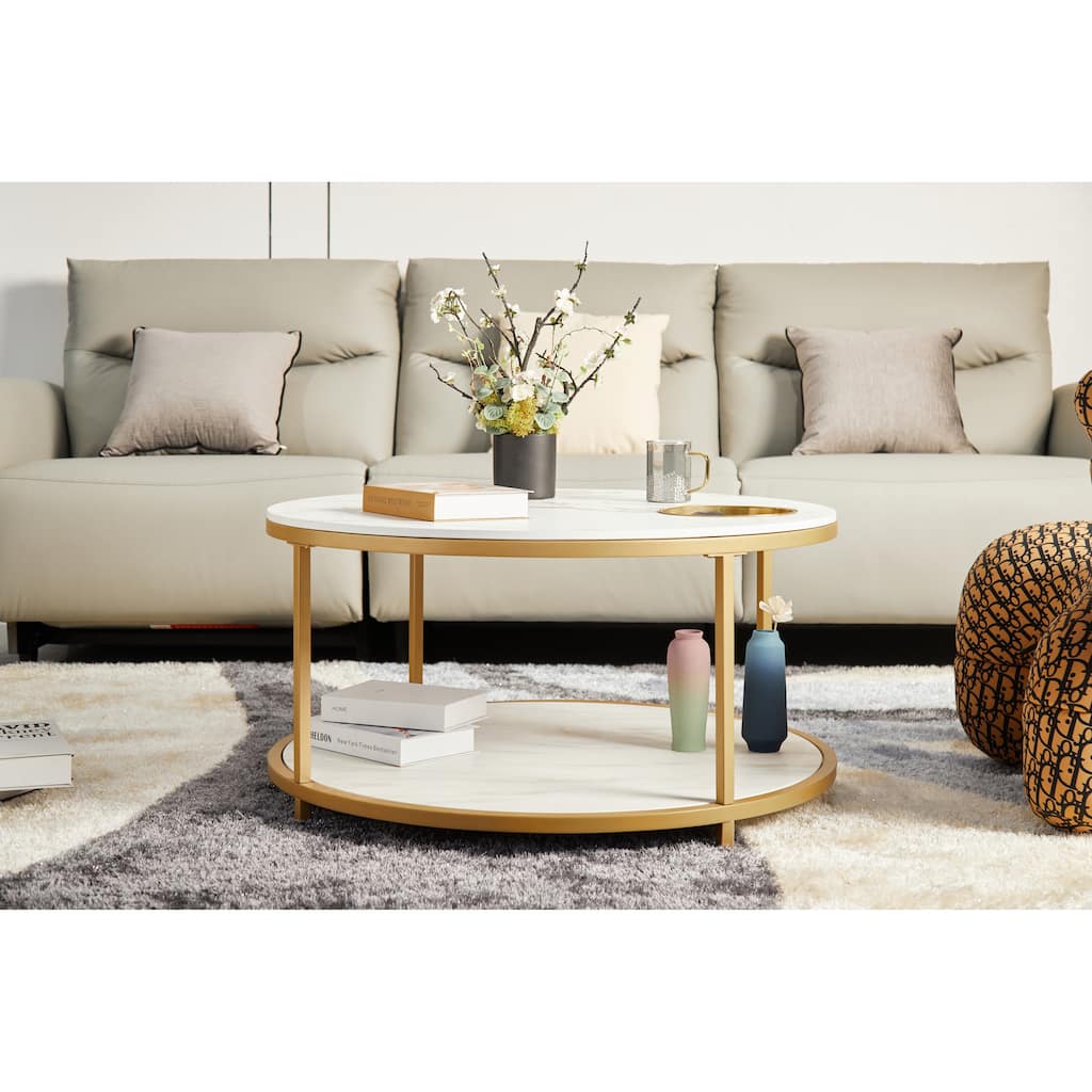 Round Coffee Table with Storage Tray and Lower Shelf Two Tier Modern Design