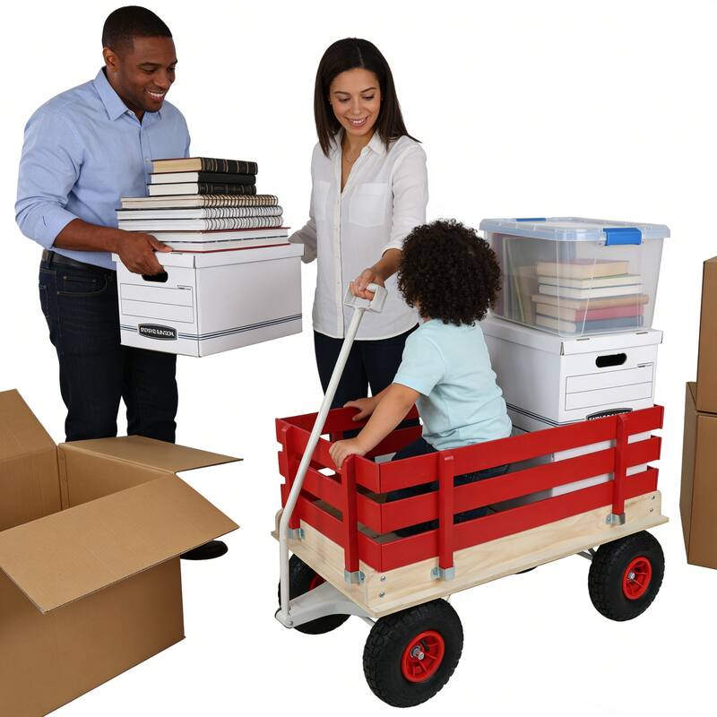 Wooden Garden Cart with Inflatable Wheels - All-Terrain Children's Hauler for Camping & Yard, Red