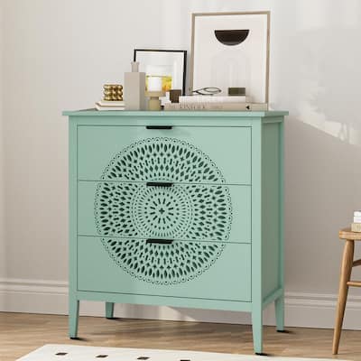 Vintage and artistic style drawer storage cabinet with drawers and anti tilt devices, wooden legs