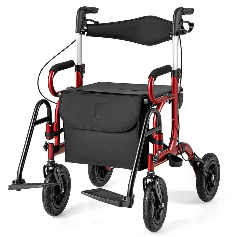 2 in 1 Folding Rolling Rollator Walker & Wheelchair Combo w/ Brakes - Red
