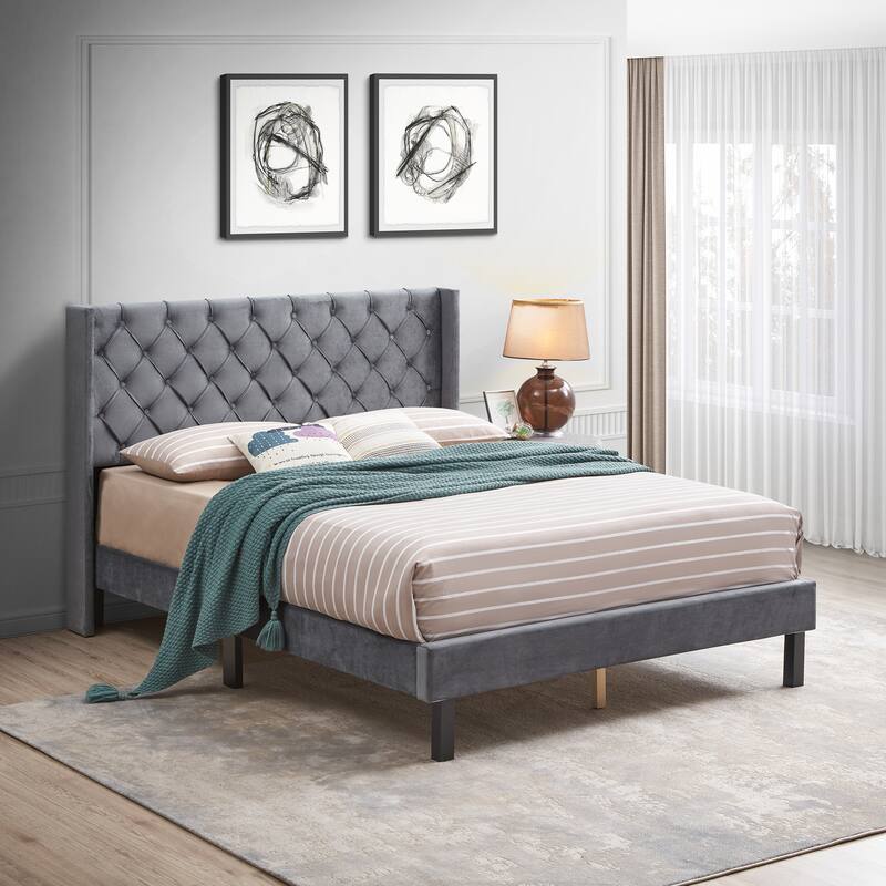 Queen Size Platform Bed Frame, Velvet Button Tufted Upholstered Bed with Wings Design and Strong Wood Slat Support, for Bedroom - Gray