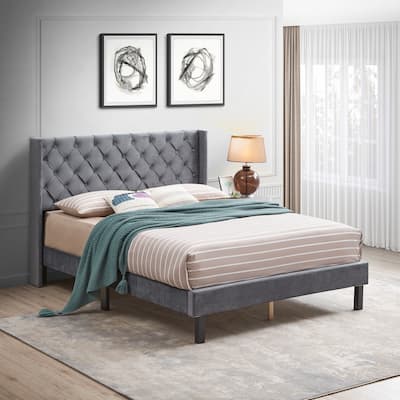 Queen Size Velvet Button Tufted-Upholstered Platform Bed with Strong Wood Slat Support