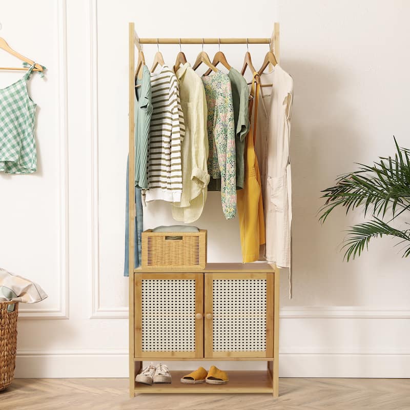 Bamboo Clothes Rack Stand with Cabinet andShoe Shelf