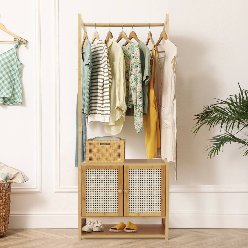 Bamboo Garment Rack with Clothes Rail Storage Organiser Freestanding - 21" x 13" x 66"