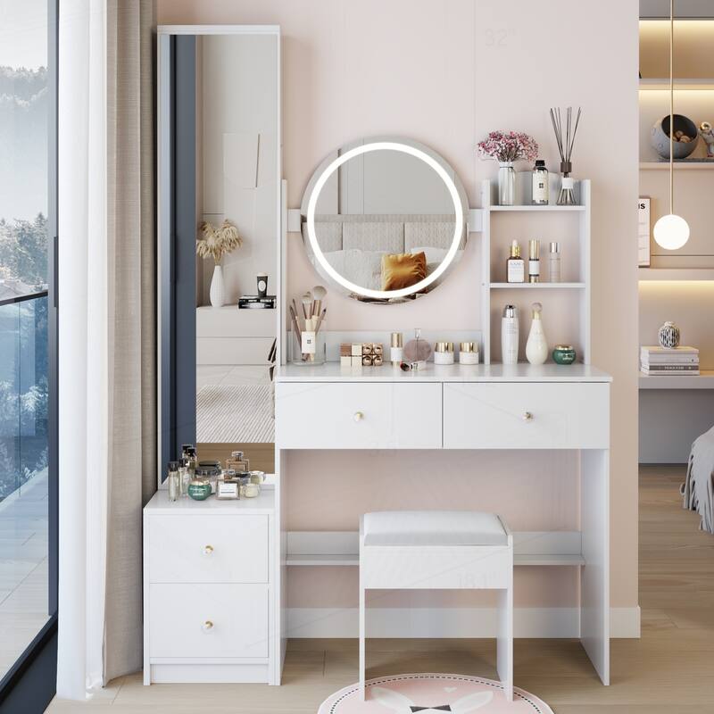 Versatile Vanity Table Set with LED Mirror and Storage