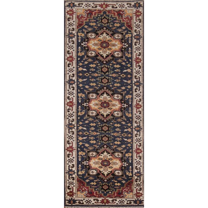 Blue Geometric Kazak Indian Runner Rug Handmade Oriental Wool Carpet - 2'8"x 8'2"