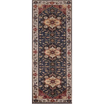 Blue Geometric Kazak Indian Runner Rug Handmade Oriental Wool Carpet - 2'8"x 8'2"