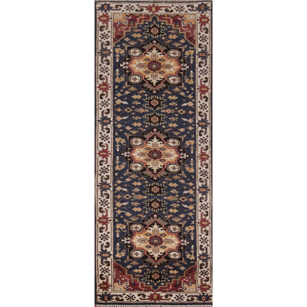 Blue Geometric Kazak Indian Runner Rug Handmade Oriental Wool Carpet - 2'8"x 8'2"