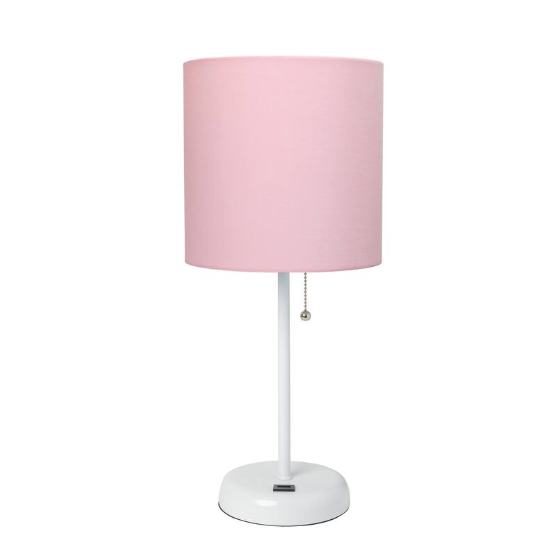 White Stick Lamp with USB charging port and Fabric Shade - Light Pink - White - Without Bulb