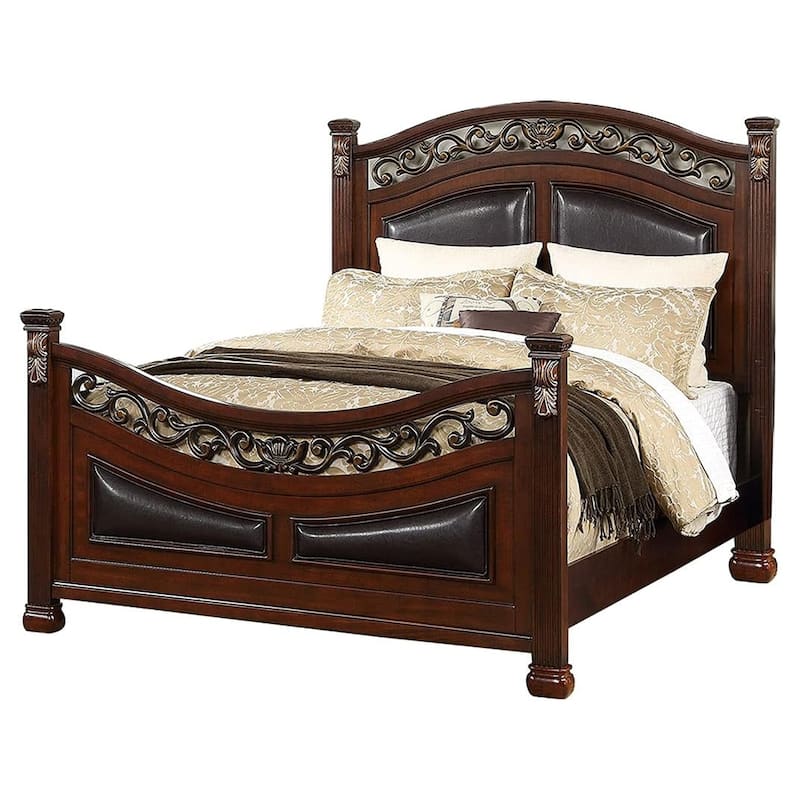 Meo Queen Size Bed, Padded Carved Dark Brown Faux Leather Upholstered