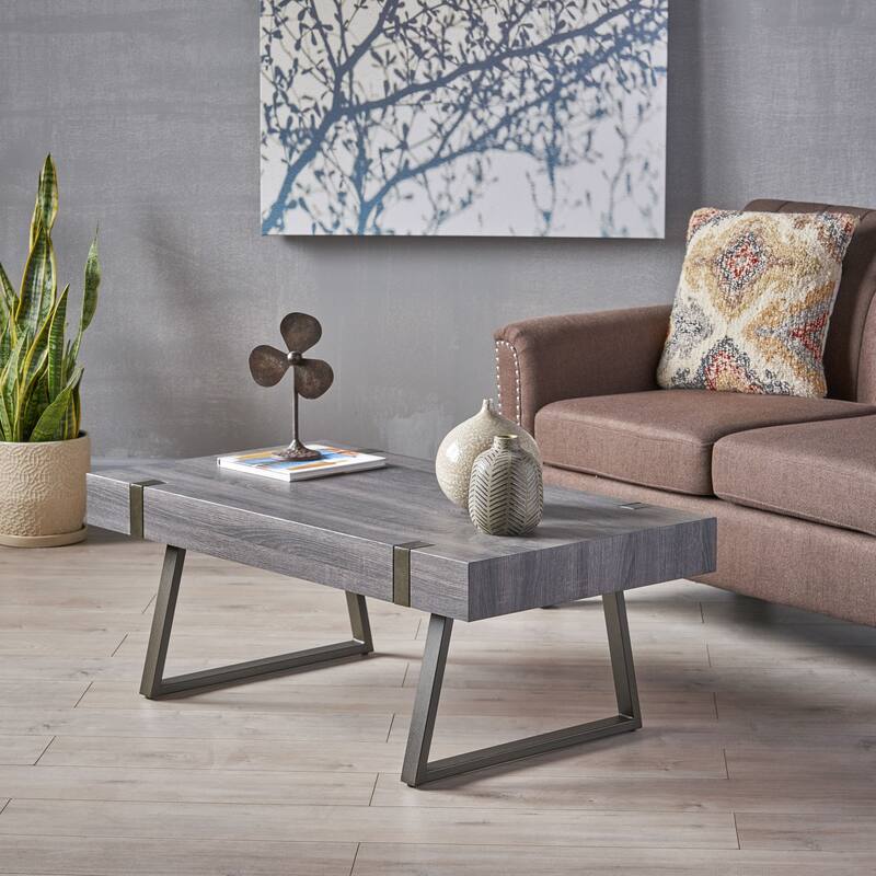 Roomfitters Industrial Coffee Table, Modern Wood Living Room Center Cocktail Table with Metal Sled Legs and Accents, Black