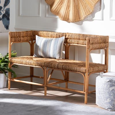 Adisa Natural Rattan Bench - Banquette with Woven Seagrass Seat and Back, Coastal Boho Accent Seating
