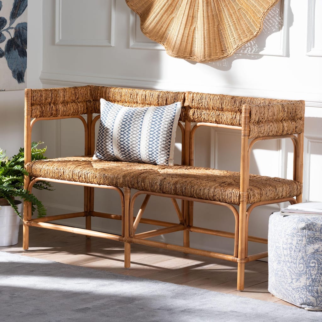 Adisa Natural Rattan Bench - Banquette with Woven Seagrass Seat and Back, Coastal Boho Accent Seating