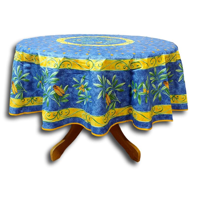 Wipeable French Spill Resistant Bees Print Acrylic Coated Tablecloth - 71-in Round - Blue Design