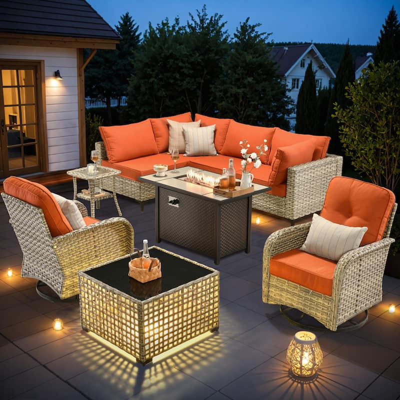 OVIOS 9 Pieces Outdoor Wicker Swivel Chair Set With Fire Table - Pit Orange/Red