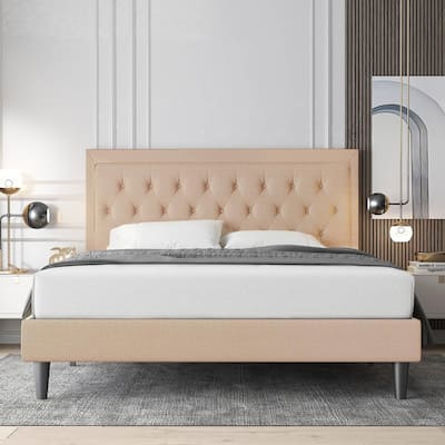 Beige Linen Platform Bed Frame with Button Tufted Headboard