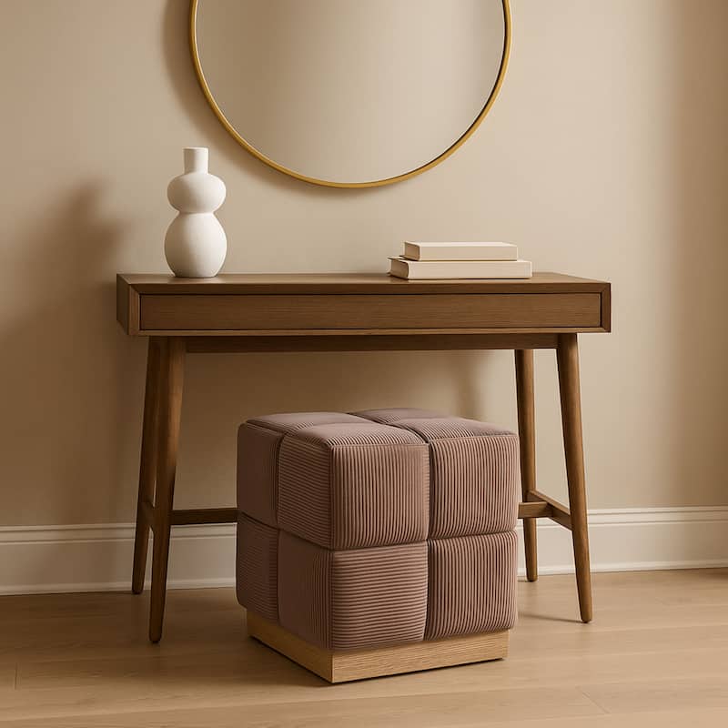 Esme Checker Weave Corduroy Accent Stool with Soft Fabric