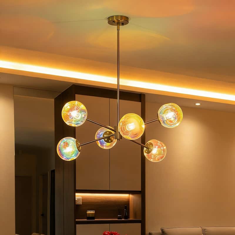 6-Light Modern Brass Iridescent Rainbow Glass Sputnik Chandelier for Dining Roomm - 6 Light