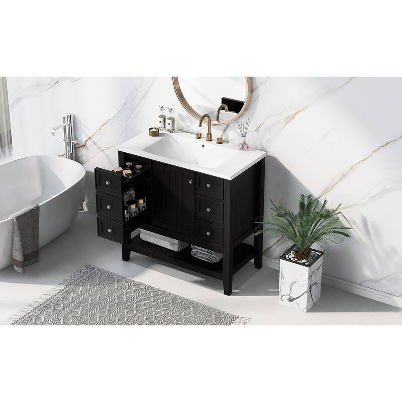 Bathroom Vanity with Sink, Bathroom Vanity with 1 Cabinet and 3 Drawers, Solid Wood Storage Cabinet with Open Shelf