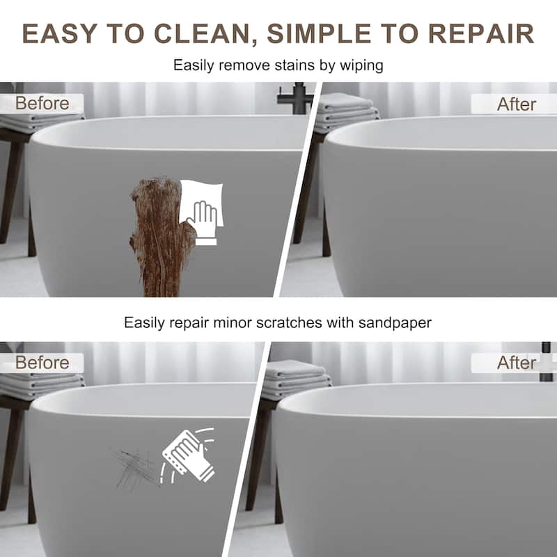 Solid Surface Freestanding Soaking Bathtub with Center Drain and Pop-up Drain, Modern Tubs with Overflow