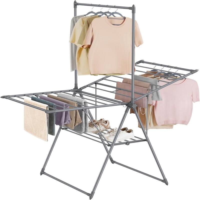 Clothes Drying Rack, Foldable 2-Level Laundry Drying Rack - 26"D x 62.6"W x 78"H - Gray