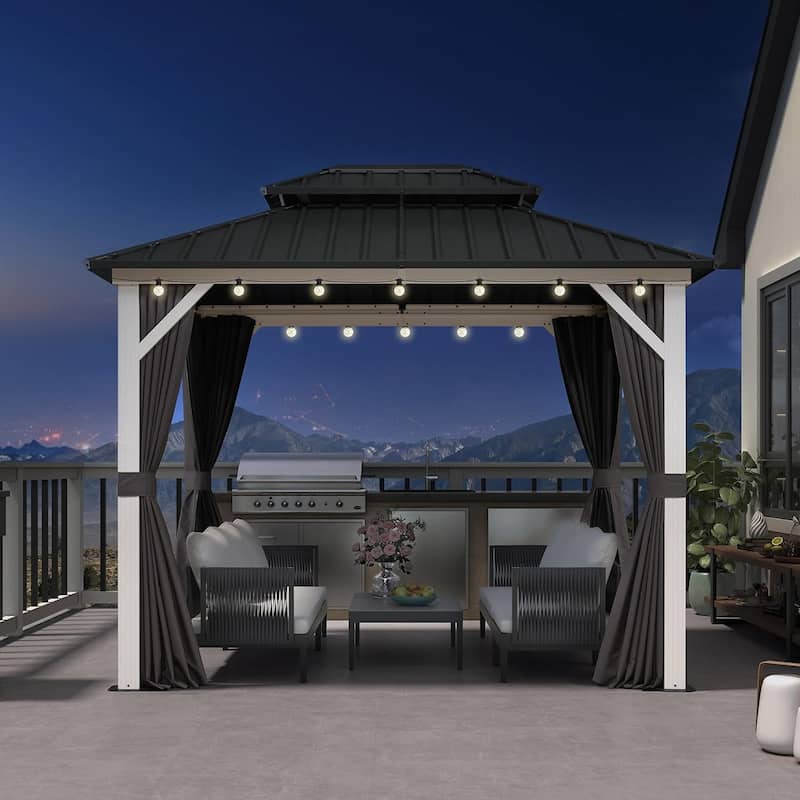 PURPLE LEAF Patio Hardtop Gazebo for Outdoor Grey Galvanized Steel Double Roof White Aluminum Poles - 08' x 10' - Grey with Light