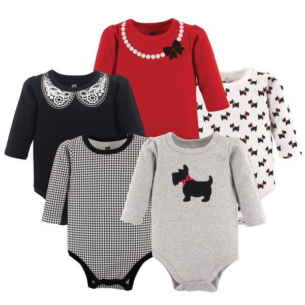 slide 1 of 1, Hudson Baby Infant Girl Cotton Long-Sleeve Bodysuits 5pk, Scottie Dog 0-3 Months - Scottie Dog 5-Pack