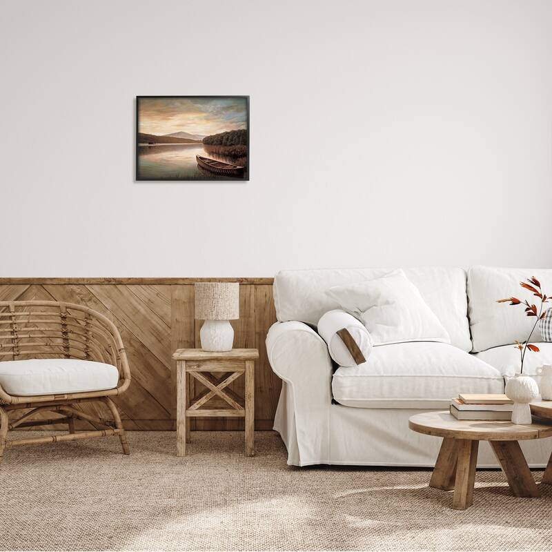 Stupell Lakeside Canoe Cloudy Sky Mountain Forest Landscape Framed Wall Art - Brown
