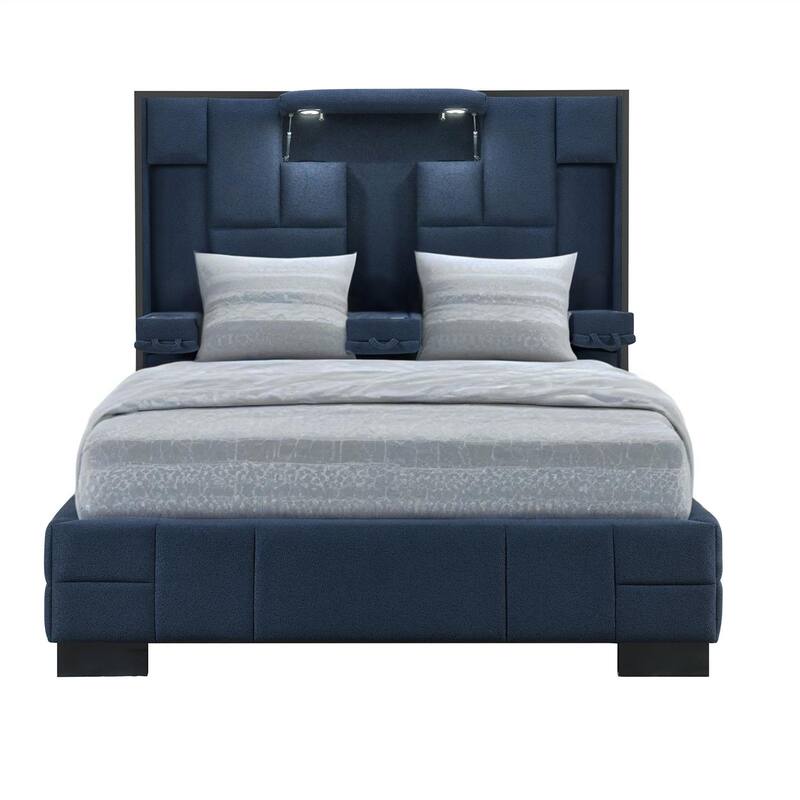 HomeRoots Navy Blue And Upholstered Lighted Queen Bed Frame with USB