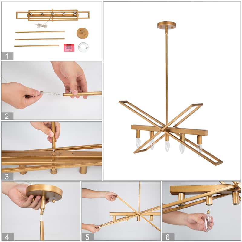Modern Glam Geometric Chandelier Brushed Gold Ceiling Lighting for Kitchen Island Dining Room Entryway - L25.6" *W8.2" * H18"